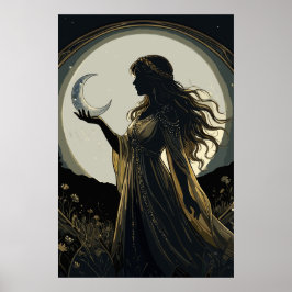 Poster Deusa Mística da Lua, Silhueta Feminina Celestial