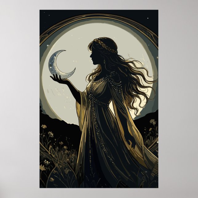Poster Deusa Mística da Lua, Silhueta Feminina Celestial (Frente)