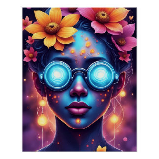 Póster Deusa Neon Flower - Retrato Fantástico Futuro