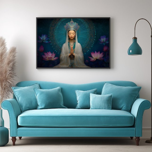 Poster Deusa Quan Yin Blue Abstrato Geométrico Floral (Criador carregado)