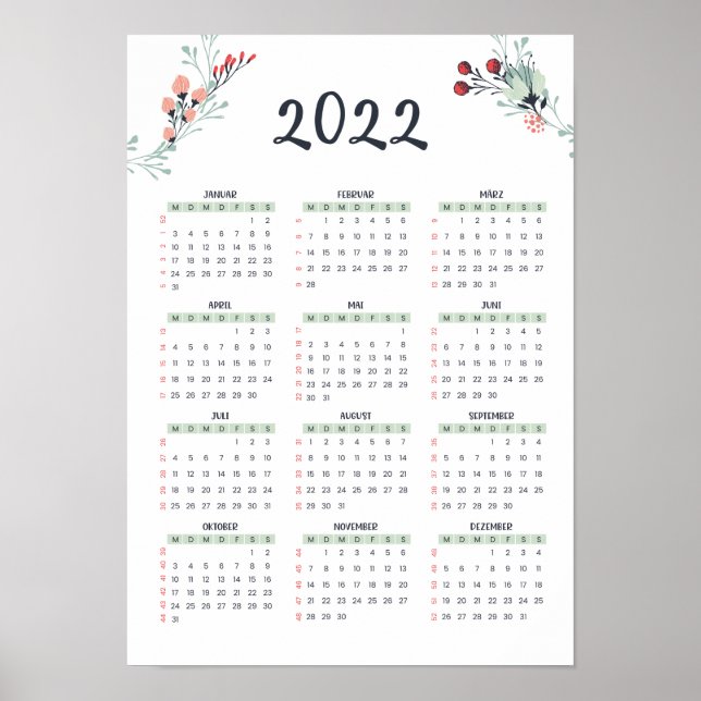 Poster Deutscher Jahreskalender mit KW 2022 A3 Grösse (Frente)