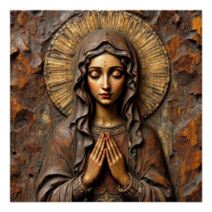 Póster Devoção Esculpida Maria de Madeira