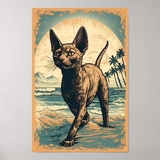 Poster Devon Rex cat em uma praia tropical (Frente)