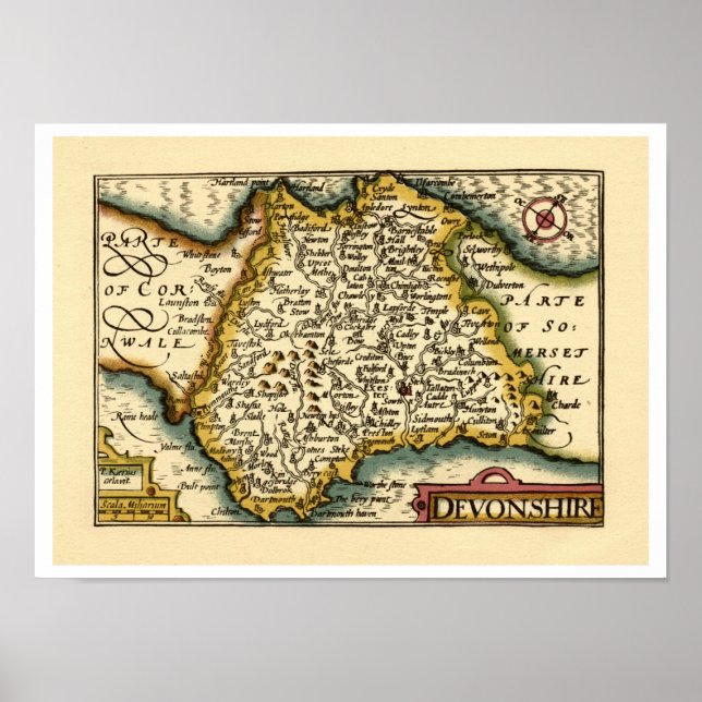 Póster Devonshire County Map, Inglaterra (Frente)