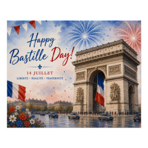Póster dia da Bastilha Arco do triunfo Paris França fogo 