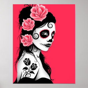 Póster Dia da menina inoperante do crânio do açúcar -