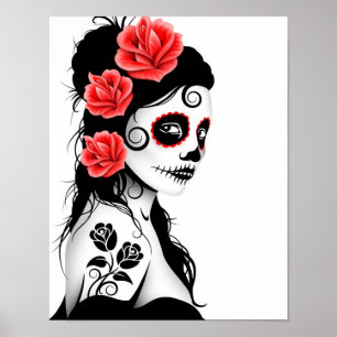 Póster Dia da menina inoperante do crânio do açúcar -