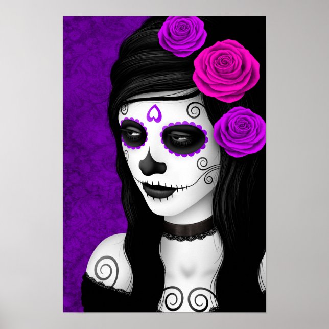 Póster Dia da Menina Morta com Rosas Roxos (Frente)