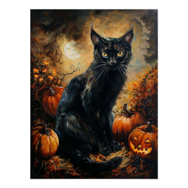 Póster Dia das Bruxas de Gato Negro Spooky (Frente)