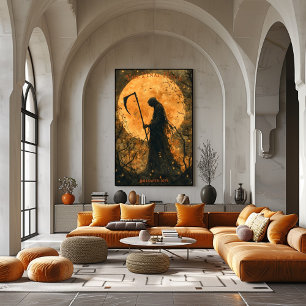 Poster Dia das Bruxas de Grim Reaper com Lua Cheia e Scyt