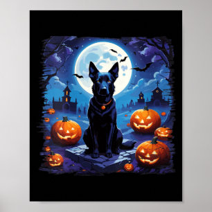 Poster Dia das Bruxas Feminino Cachorro Preto Sob a Lua d