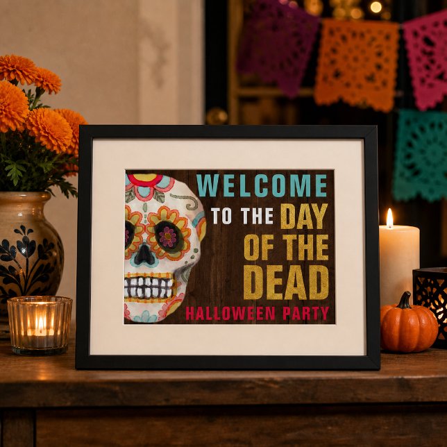 Poster Dia das Caveiras do Dia dos Mortos Halloween Bem-V (Welcome every spirited guest in colorful style with this festive Day of the Dead Halloween poster)