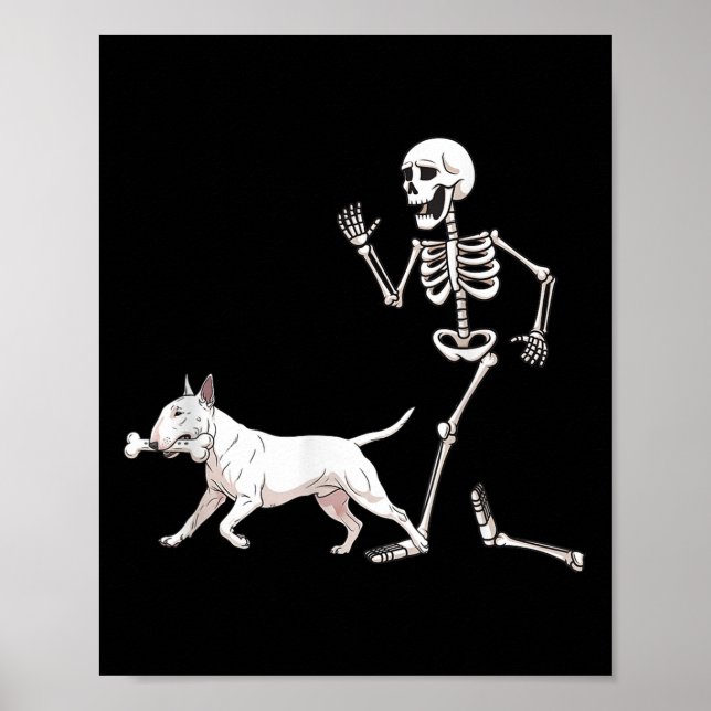 Poster Dia de as Bruxas engraçado Bull Terrier E Esquelet (Frente)