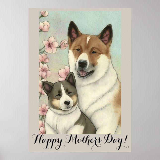 Poster Dia de as mães Cute Akita inu Dog Mãe (Frente)