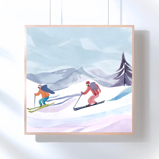 Poster Dia de Esqui | Montanha de Inverno em Aquarela (Criador carregado)