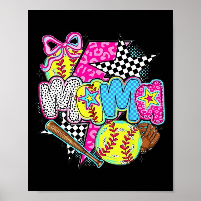 Poster Dia de Jogo da Mamãe de Softbol Onça Xadrez Mãe Re (Frente)