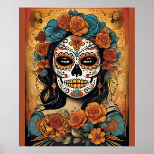 Poster Dia de los Muertos Art: Maquiagem do crânio de açú