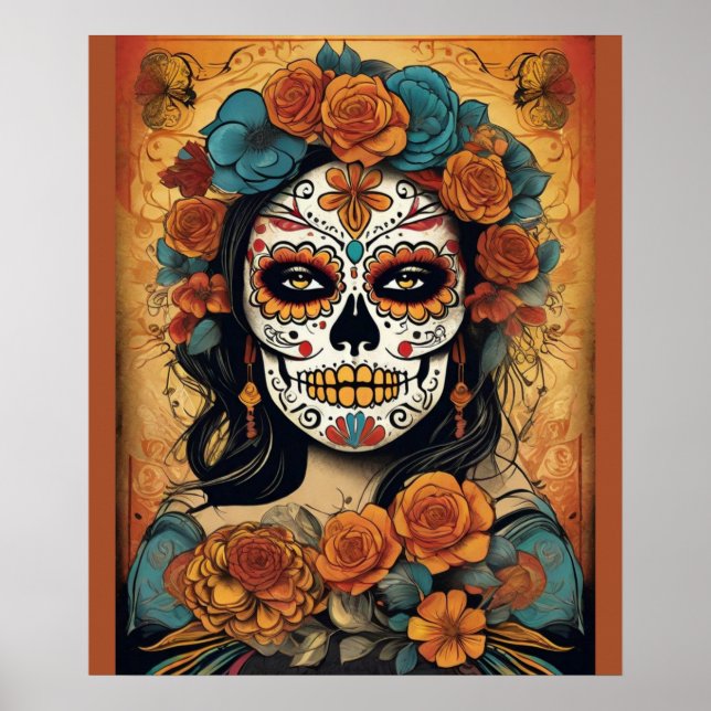Poster Dia de los Muertos Art: Maquiagem do crânio de açú (Frente)