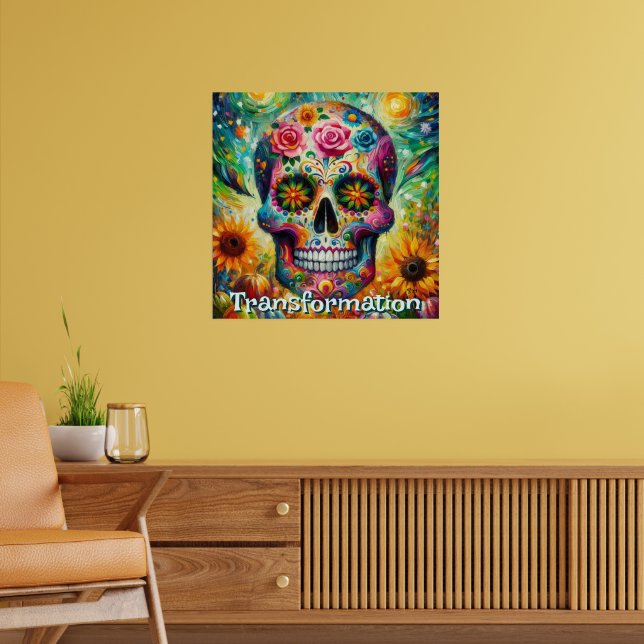 Poster Dia de los Muertos Crânio Floral Personalizado (Sala de Estar 2)
