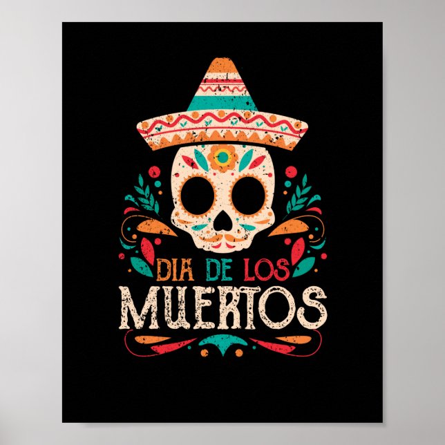 Poster Dia de Los Muertos do Crânio do México Morto (Frente)