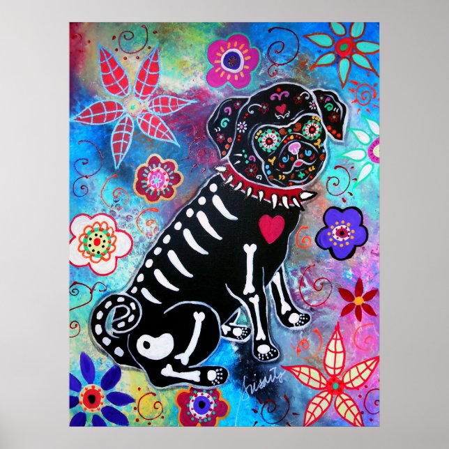 Póster Dia de los Muertos Pug Dog (Frente)