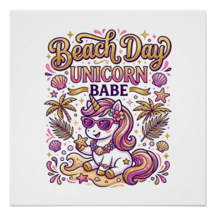 Póster Dia de Praia do Unicórnio Bebe Unicórnio Fashion D