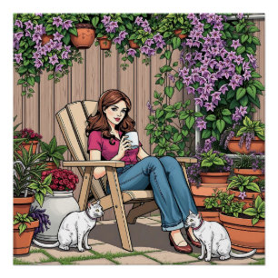 Póster Dia de Relaxamento   Mulheres com café, gatos e pl