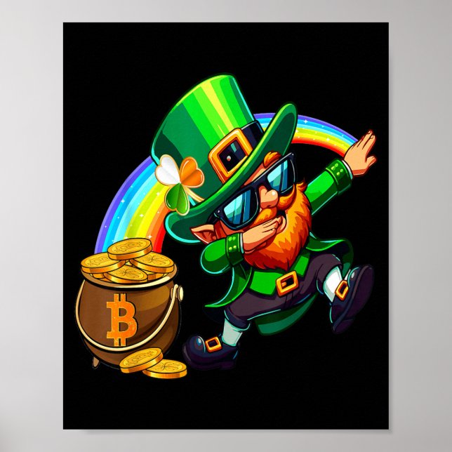 Poster Dia de São Patrício Dabbing Bitcoin Arco-íris Lepr (Frente)