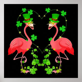 Poster Dia de São Patrício Flamingo Shamrock Heart