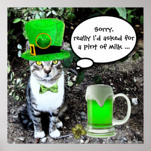 PÓSTER DIA DE SÃO PATRÍCIO GATO COM CERVEJA IRLANDESA VER