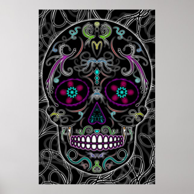 Póster Dia do Crânio do Açúcar Morto - Preto Colorido (Frente)