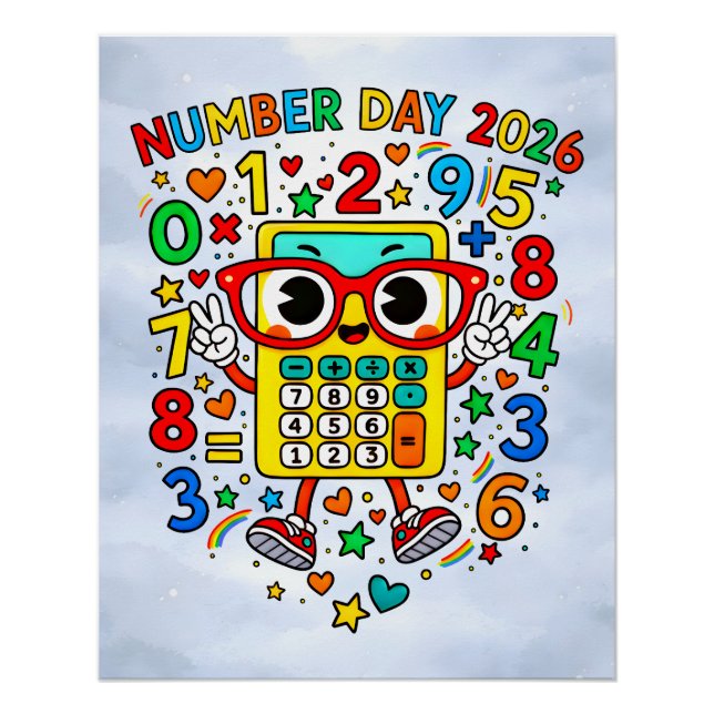 Póster Dia do Número 2026 Adesivo de Matemática Fofo para (Frente)