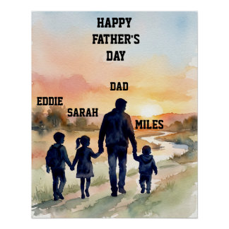Póster Dia dos Pais Aquarela Família Pôr do Sol