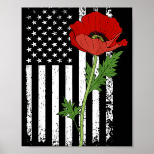 Poster Dia Memorial Red Poppy American Flag Veteran Milit