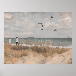 Poster Dia na praia - arte safra - pintura a óleo