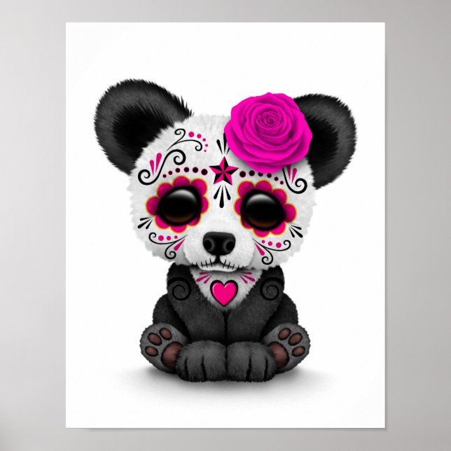 Poster Dia rosa do crânio do açúcar morto Panda em branco (Frente)
