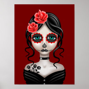 Póster Dia triste da menina inoperante no vermelho