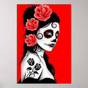 Póster Dia vermelho da menina inoperante do crânio do