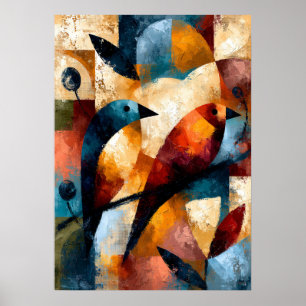 Poster Diálogo Aviário Arte Japonesa de Pássaros Geométri