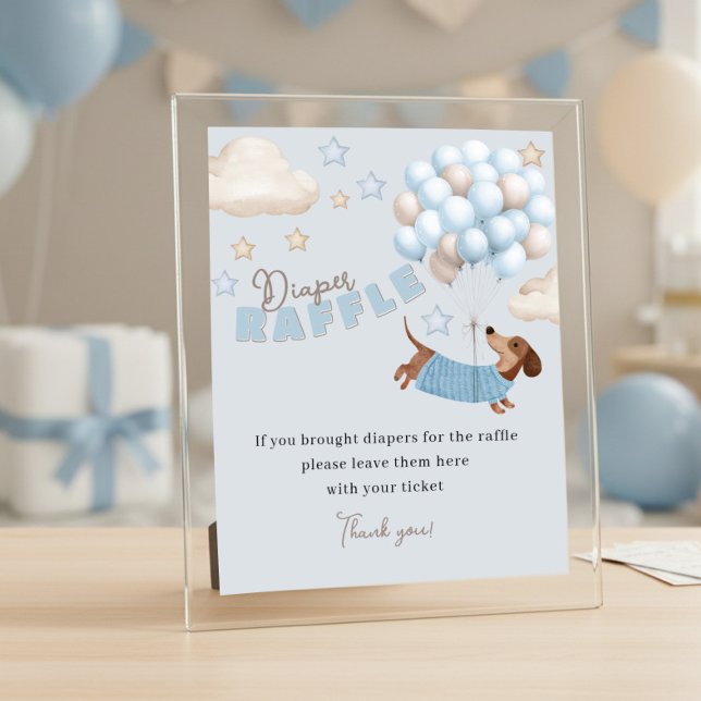 Poster Diaper Raffle Dachshund Blue Baby Shower Game (Baby Shower Diaper Raffle Sign. Dachshund and balloons design in blue and beige)