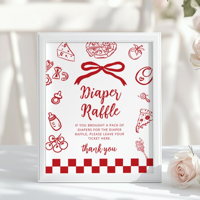 Poster Diaper raffle Whimsical Red Bow Pizza Baby Shower (Criador carregado)