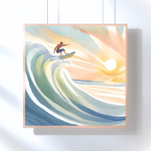Póster Dias de Surfe Aquarela de Onda do Mar de Surfe
