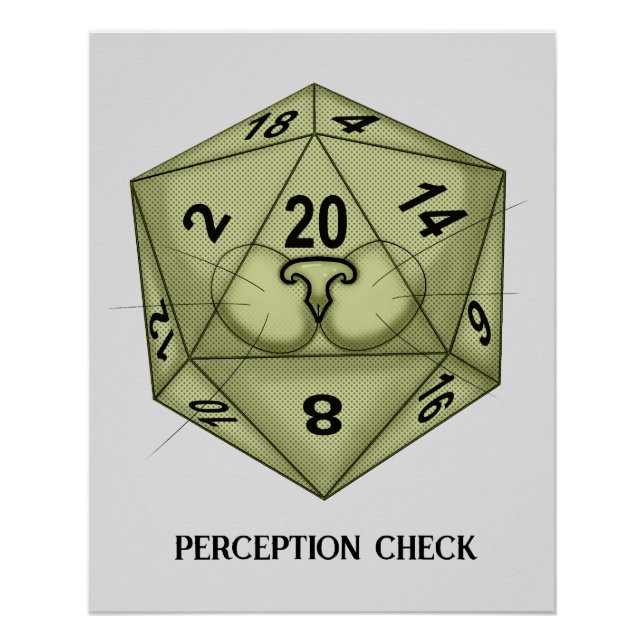 Póster Dice. Gato. D20 Verificação de Percepção (Frente)