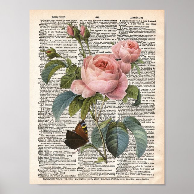 Poster Dicionário Vintage rosa e borboleta (Frente)