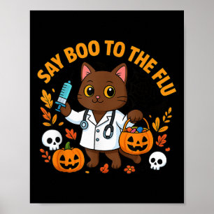 Poster Diga Boo Para a Gripe Gatinha Enfermeira Fofo Hall