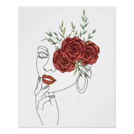 Póster digital product woman line art flowers red roses