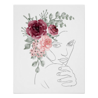 Póster digital product woman line art red flowers