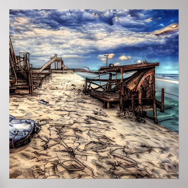 Poster Dilapidado Abandonado Praia Pós-Apocalíptico (Frente)