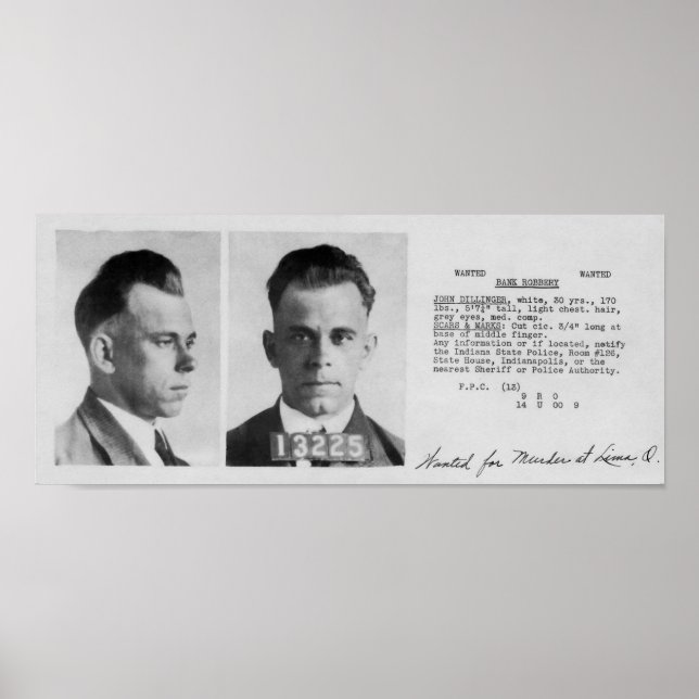 PÓSTER DILLINGER WANTED FILE DOCUMENT 1933 (Frente)