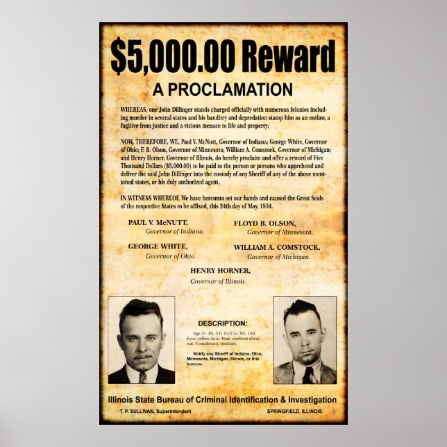 POSTER DILLINGER WANTED PROCLAMATION - MAIO DE 1934 (Frente)